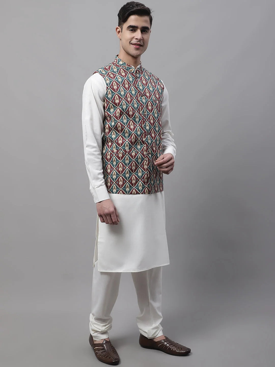 Mens Kurta Pajama Set with Teal Nehru Jacket | Ethnic Wear
