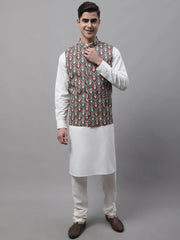 Men off-White Solid Kurta Pyjama with Teal Blue Printed Nehru Jacket