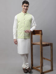 Men off-White Solid Kurta Pyjama with Green Embroidered Nehru Jacket