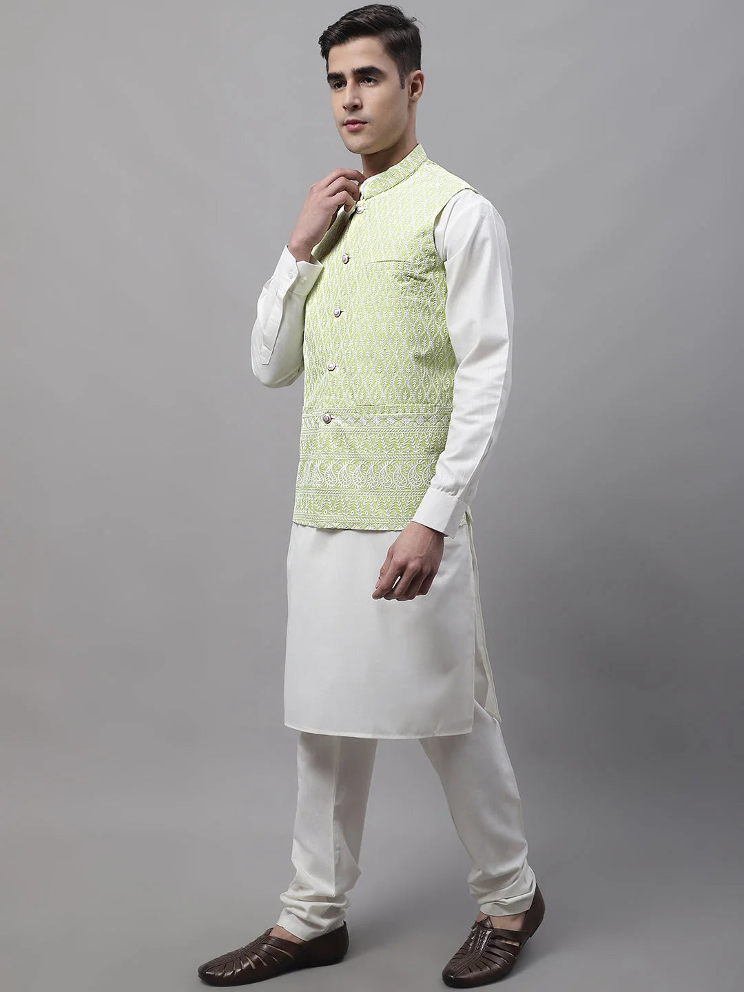 Shop Men's Kurta Pajama Set with Embroidered Nehru Jacket-Ethnic Wear