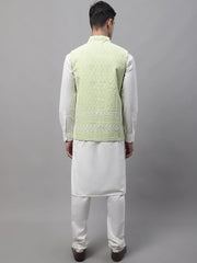 Men off-White Solid Kurta Pyjama with Green Embroidered Nehru Jacket