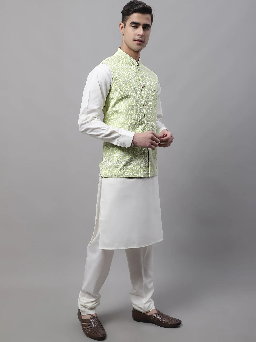 Shop Men's Kurta Pajama Set with Embroidered Nehru Jacket-Ethnic Wear