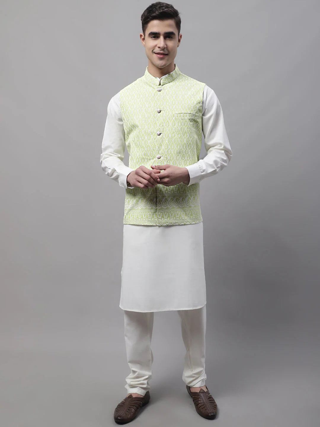 Shop Men's Kurta Pajama Set with Embroidered Nehru Jacket-Ethnic Wear