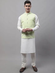 Men off-White Solid Kurta Pyjama with Green Embroidered Nehru Jacket