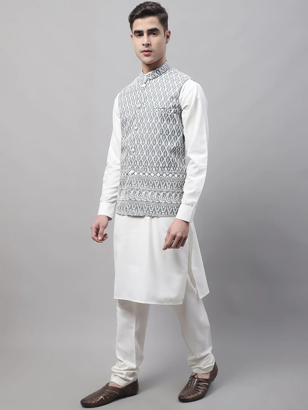Off-White Kurta Pajama with Grey Embroidered Nehru Jacket