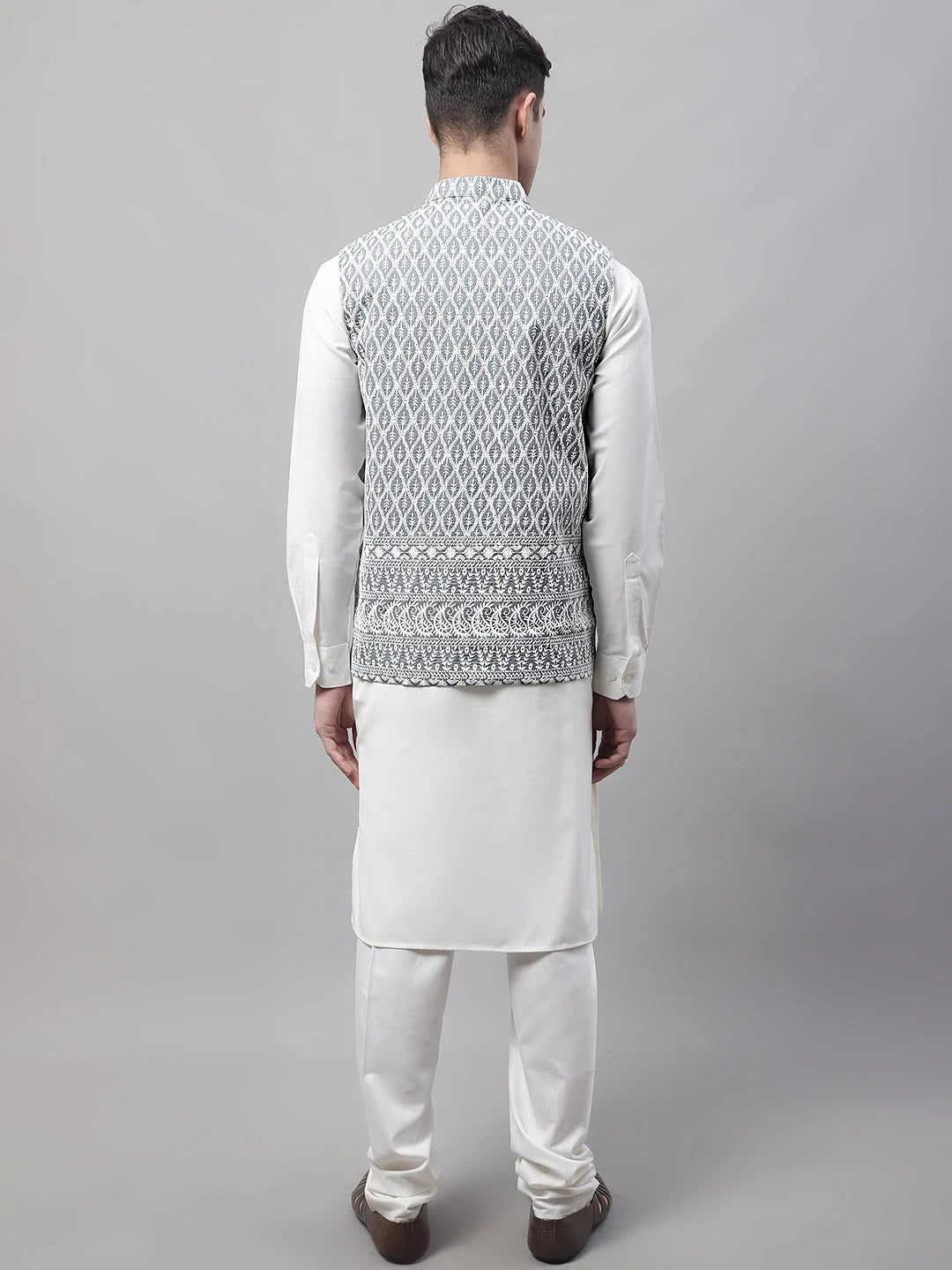Off-White Kurta Pajama with Grey Embroidered Nehru Jacket