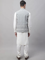 Men off-White Solid Kurta Pyjama with Grey Embroidered Nehru Jacket