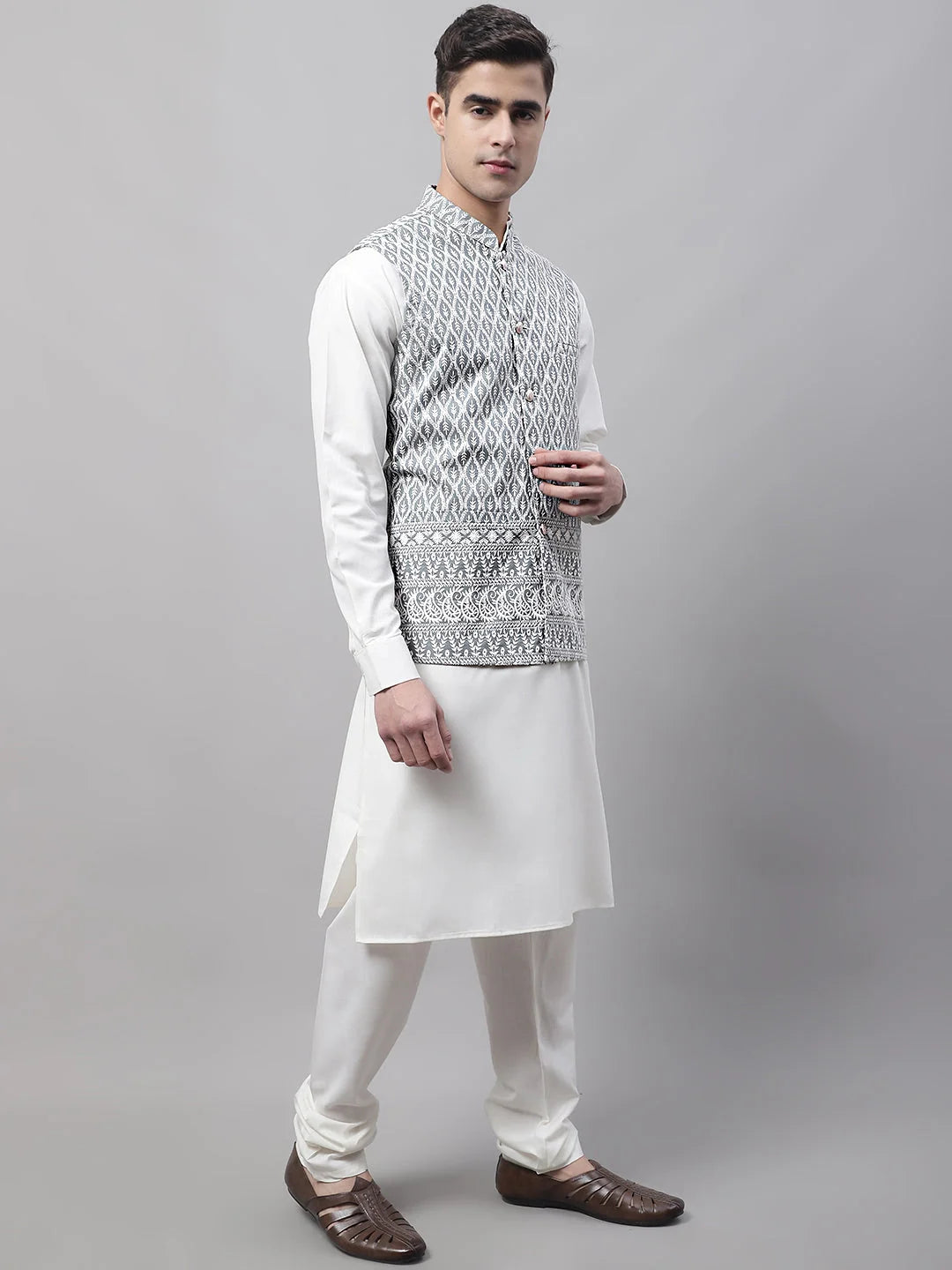 Off-White Kurta Pajama with Grey Embroidered Nehru Jacket