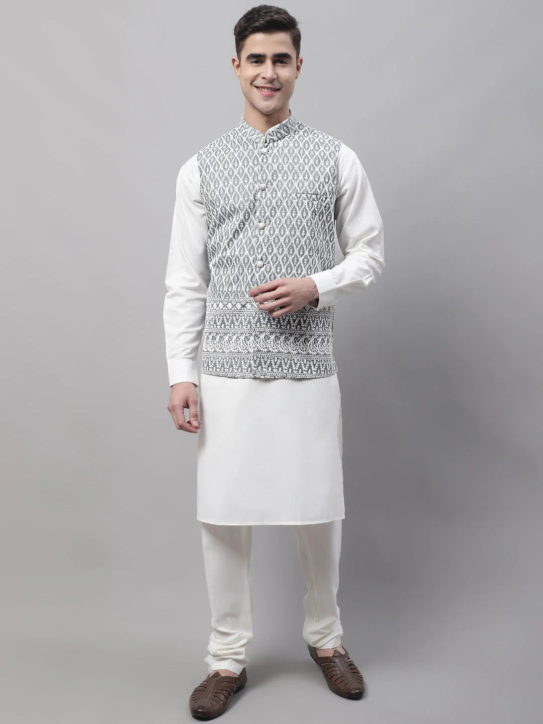 Off-White Kurta Pajama with Grey Embroidered Nehru Jacket