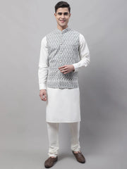 Men off-White Solid Kurta Pyjama with Grey Embroidered Nehru Jacket