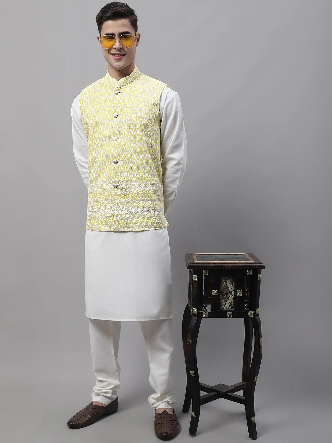 Off-White Kurta Pajama with Yellow Embroidered Nehru Jacket