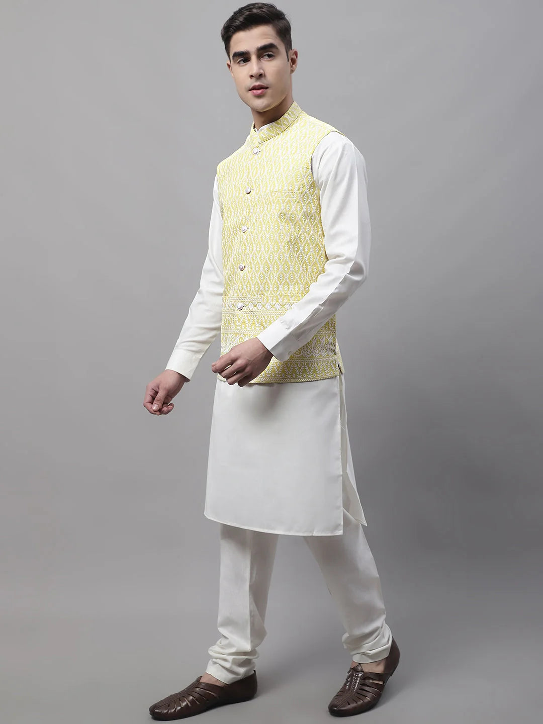 Off-White Kurta Pajama with Yellow Embroidered Nehru Jacket