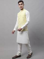 Men off-White Solid Kurta Pyjama with Yellow Embroidered Nehru Jacket