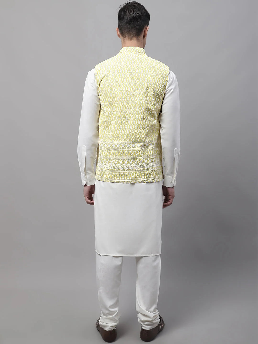 Off-White Kurta Pajama with Yellow Embroidered Nehru Jacket