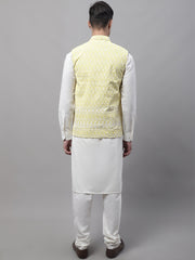 Men off-White Solid Kurta Pyjama with Yellow Embroidered Nehru Jacket