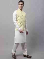 Men off-White Solid Kurta Pyjama with Yellow Embroidered Nehru Jacket