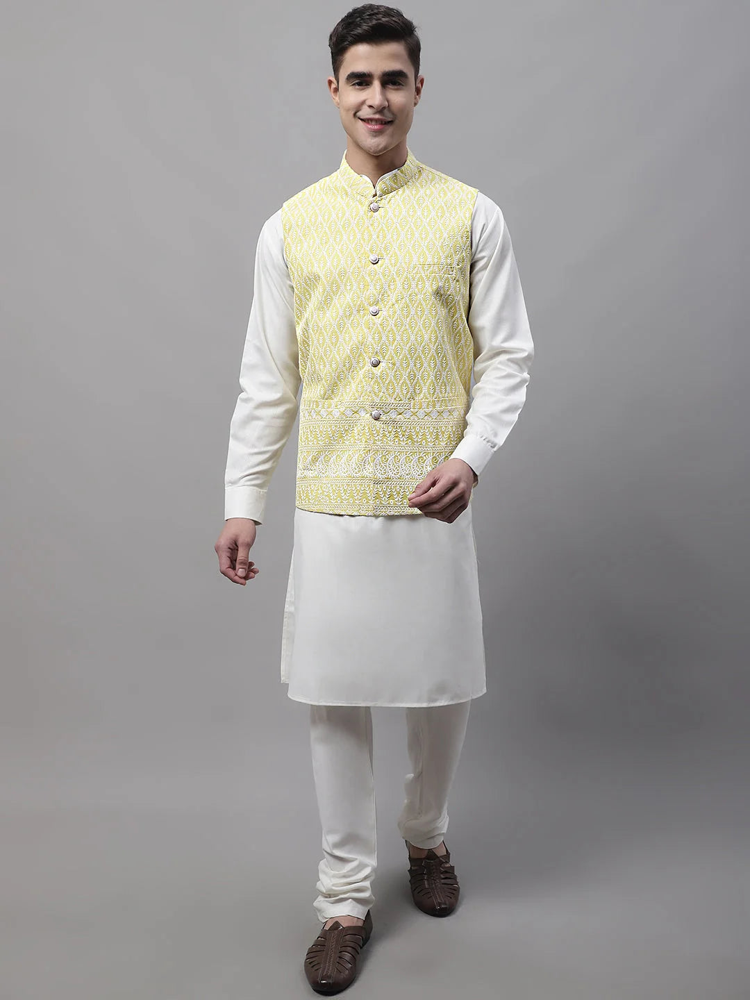Off-White Kurta Pajama with Yellow Embroidered Nehru Jacket