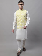 Men off-White Solid Kurta Pyjama with Yellow Embroidered Nehru Jacket