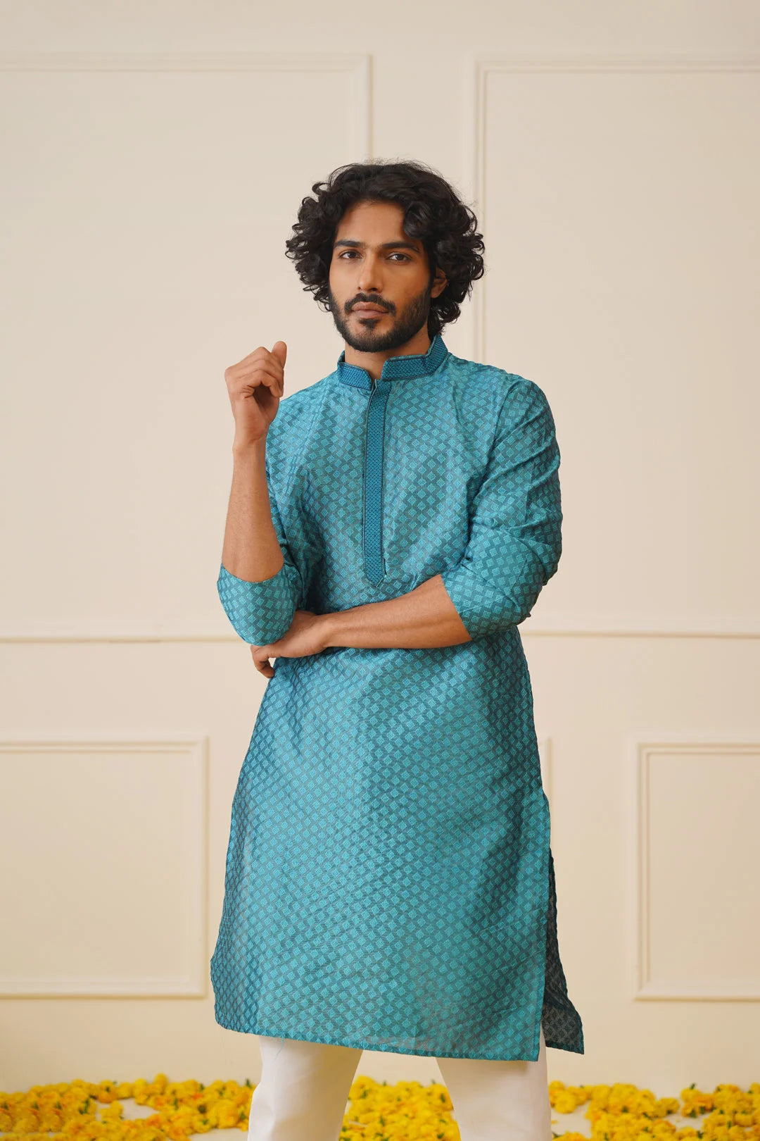 Men's Peacock Blue Embroidered Kurta | Indian Kurta Style