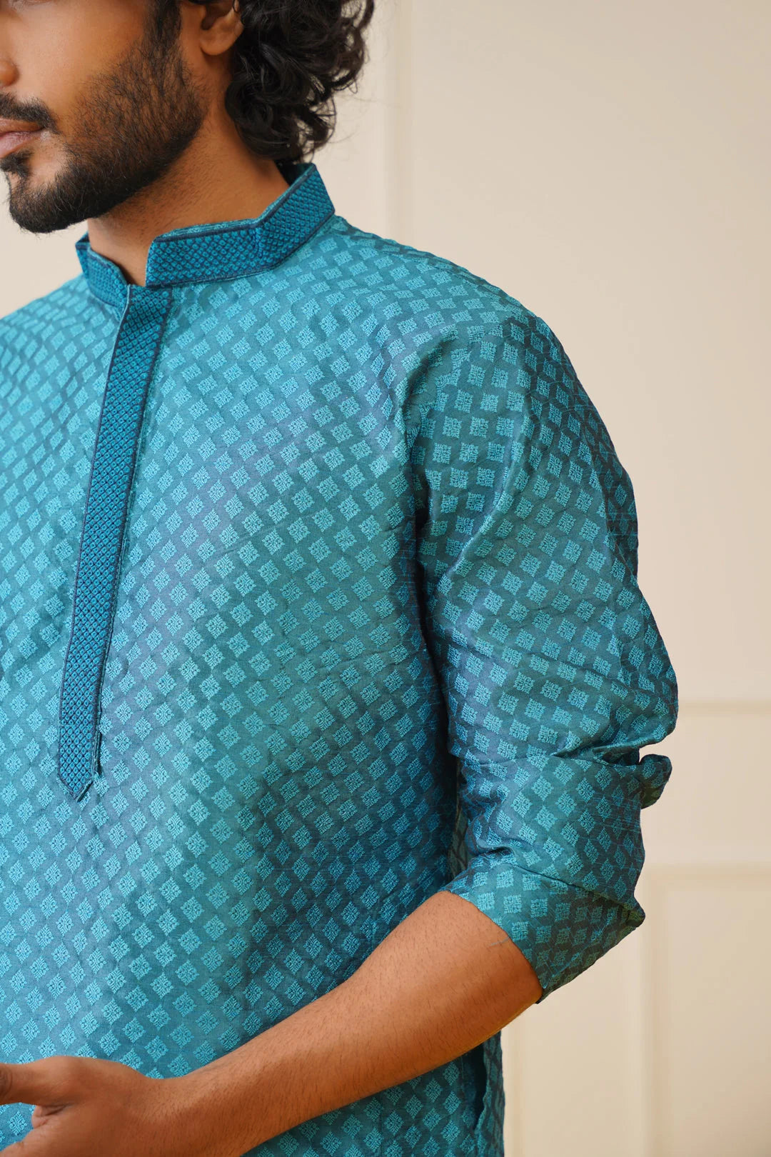 Men's Peacock Blue Embroidered Kurta | Indian Kurta Style