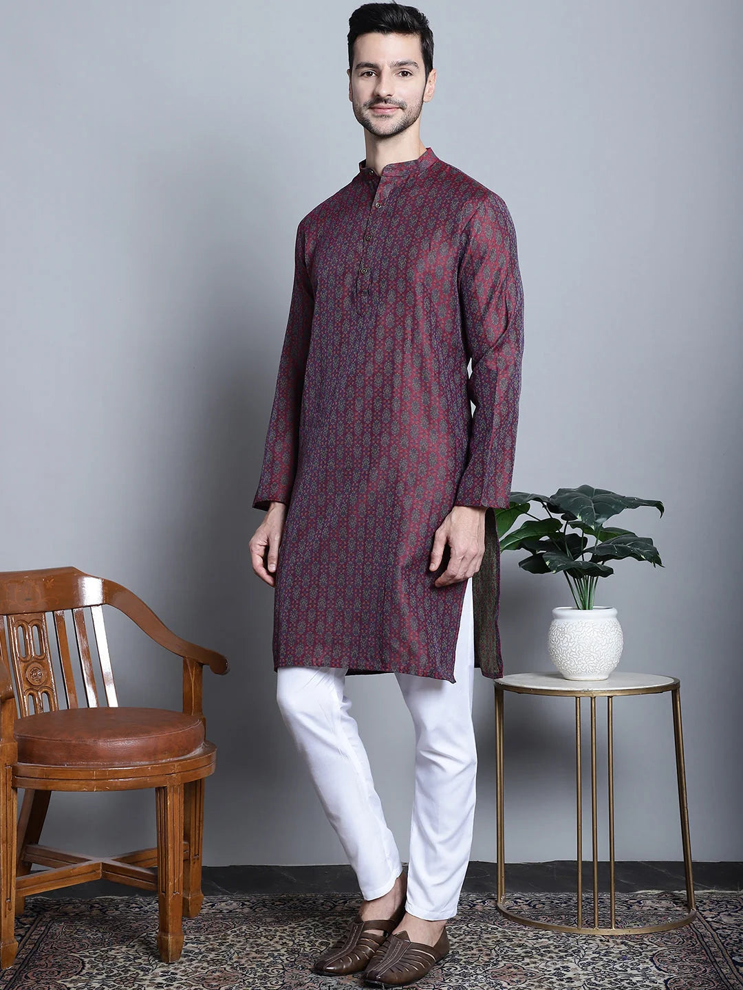 Maroon Woven Cotton Mens Kurta Pajama Set | Stylish Ethnic Wear