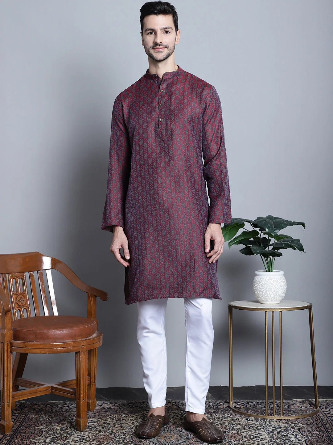 Maroon Woven Cotton Mens Kurta Pajama Set | Stylish Ethnic Wear