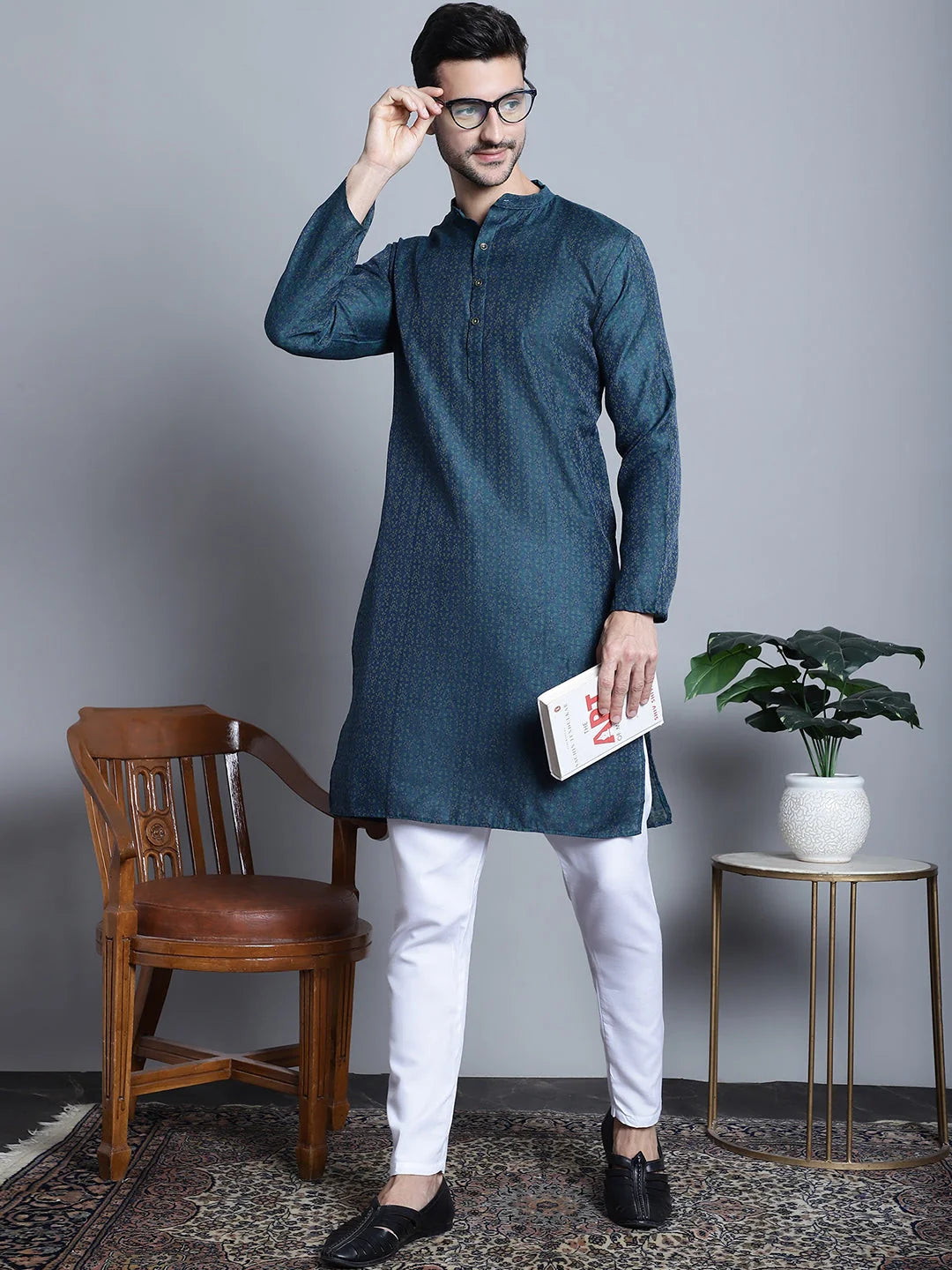 Navy Blue Woven Cotton Mens Kurta Pajama Set | Ethnic Fashion