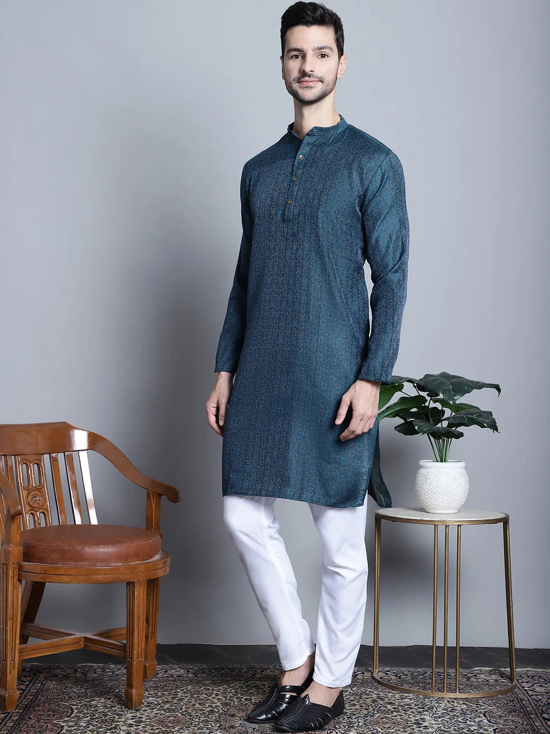 Navy Blue Woven Cotton Mens Kurta Pajama Set | Ethnic Fashion