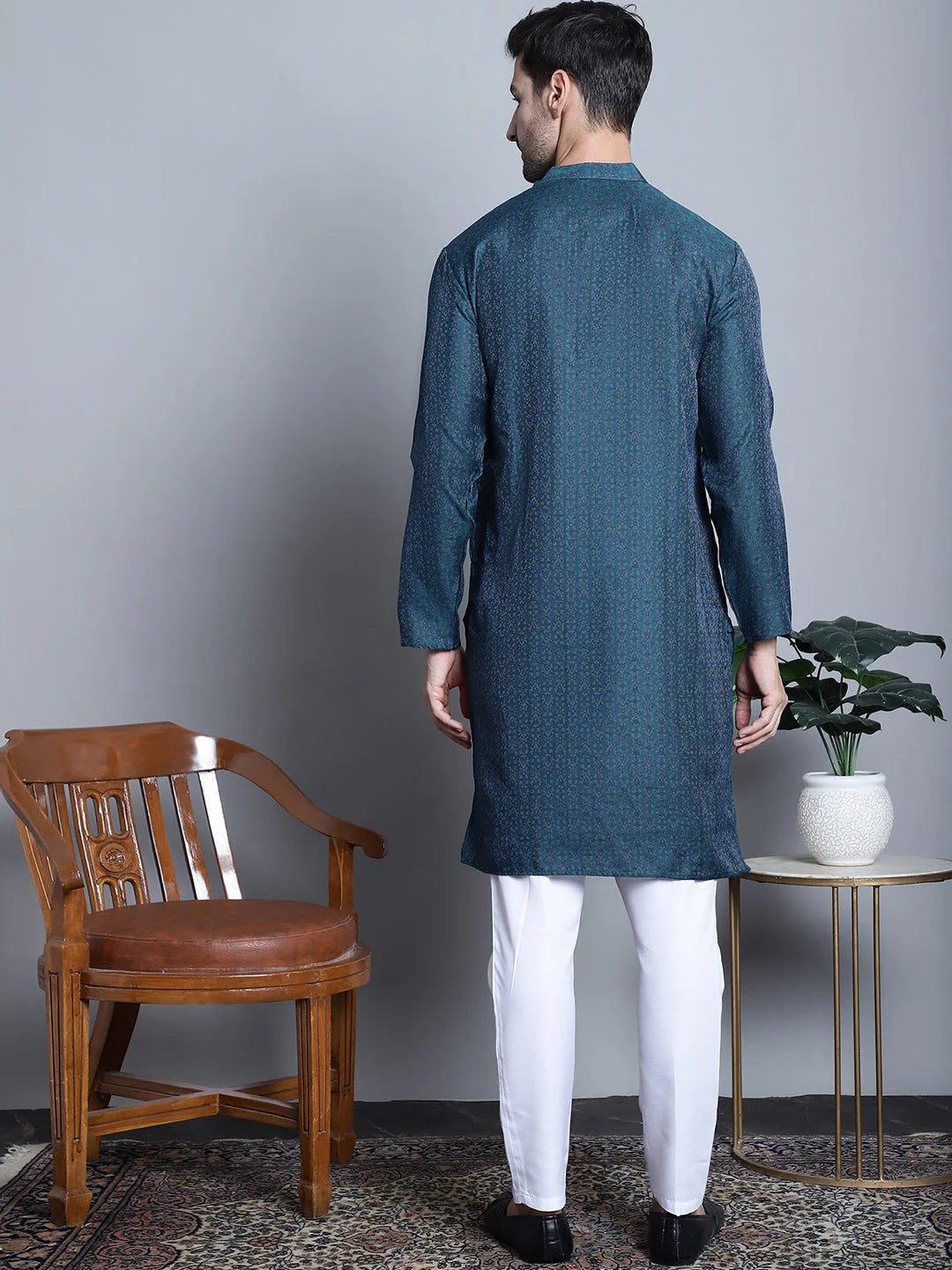 Navy Blue Woven Cotton Mens Kurta Pajama Set | Ethnic Fashion