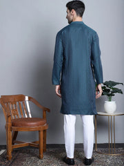 Men Navy Blue Woven Design Kurta with Pyjamas