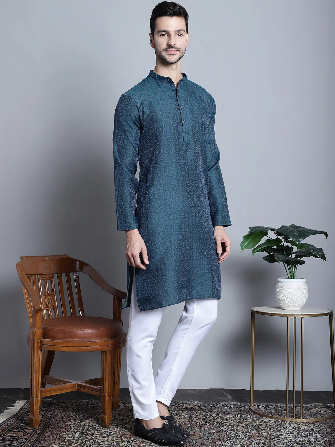 Navy Blue Woven Cotton Mens Kurta Pajama Set | Ethnic Fashion