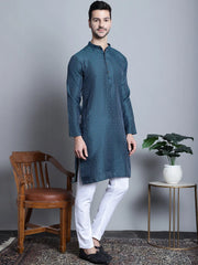 Men Navy Blue Woven Design Kurta with Pyjamas
