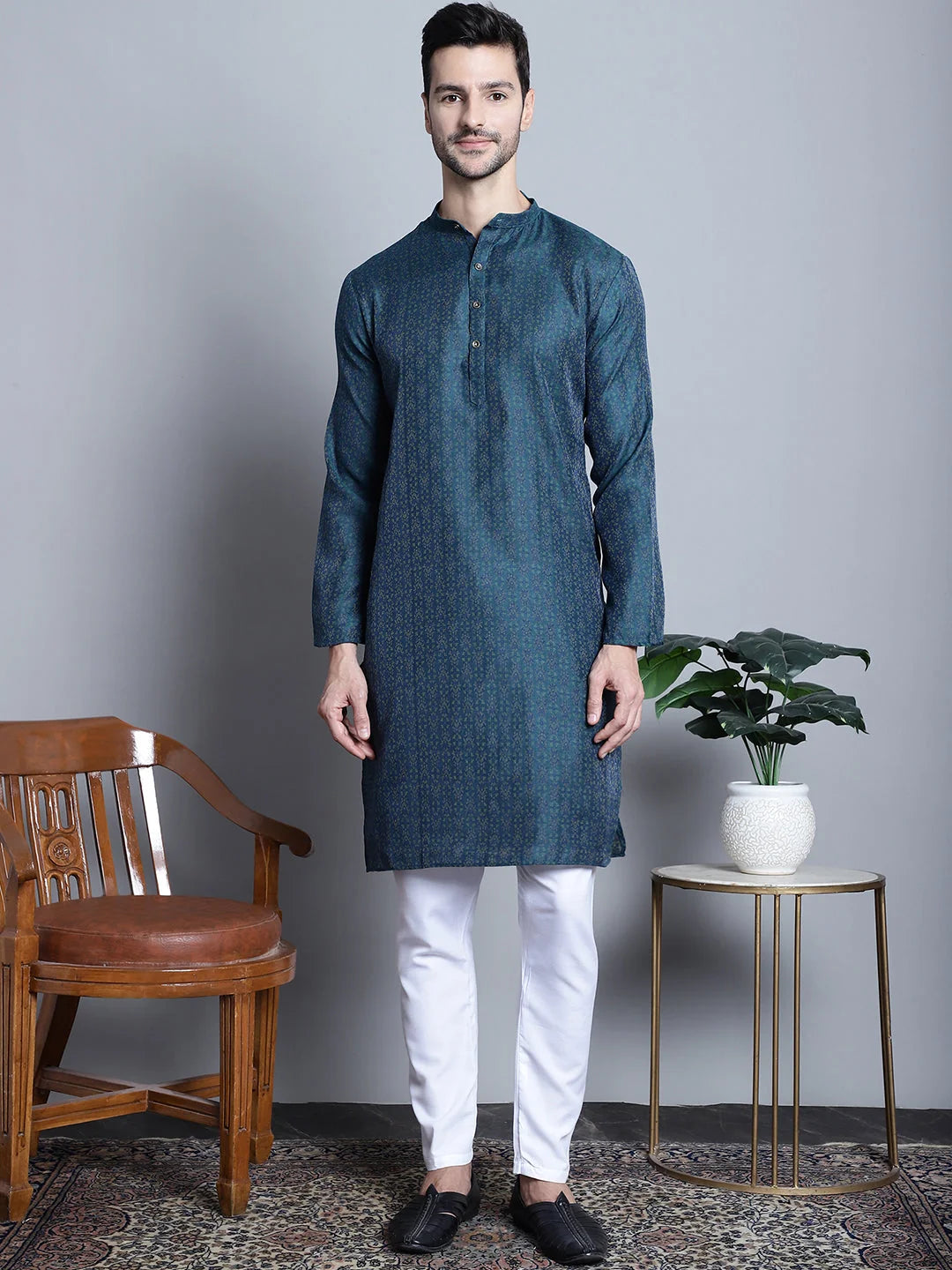 Navy Blue Woven Cotton Mens Kurta Pajama Set | Ethnic Fashion