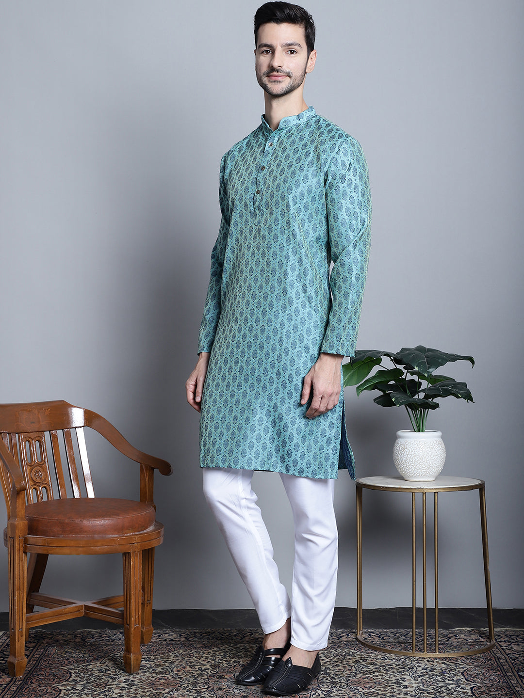 Blue Woven Design Cotton Mens Kurta Pajama Set | Ethnic Style