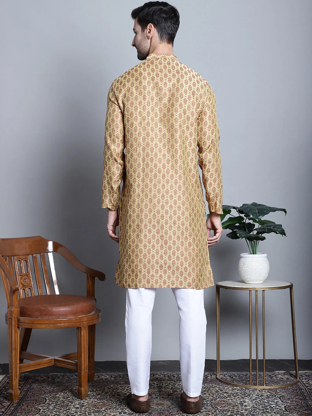 Yellow Woven Design Cotton Mens Kurta Pajama Set | Ethnic Wear