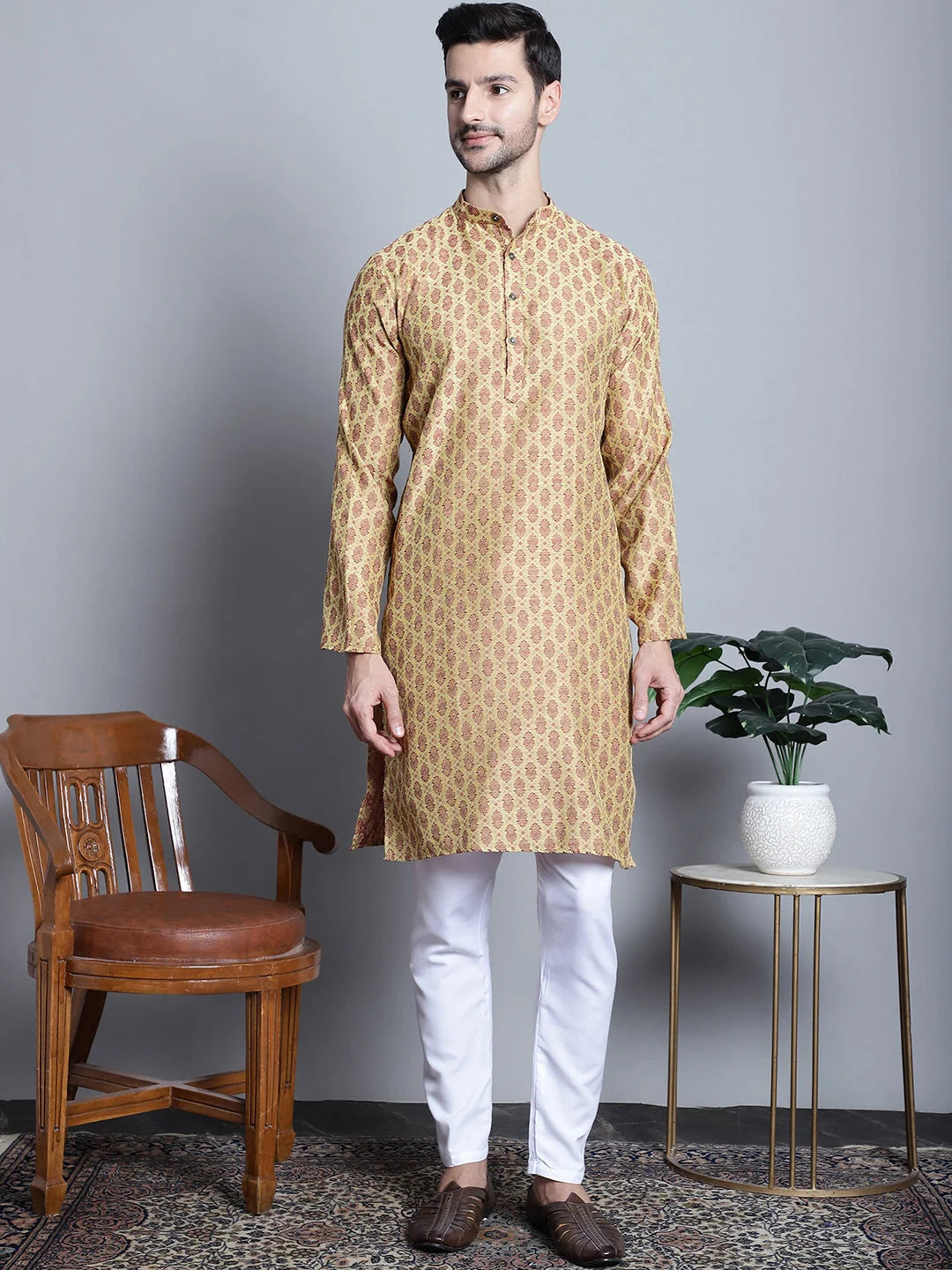 Yellow Woven Design Cotton Mens Kurta Pajama Set | Ethnic Wear