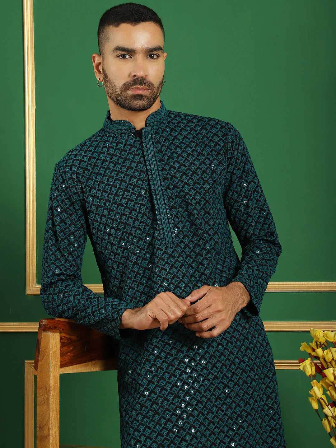 Blue Embroidered Mens Kurta Pajama Set - Cotton Kurta Pajama
