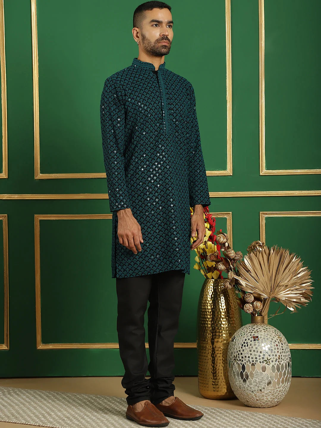 Blue Embroidered Mens Kurta Pajama Set - Cotton Kurta Pajama