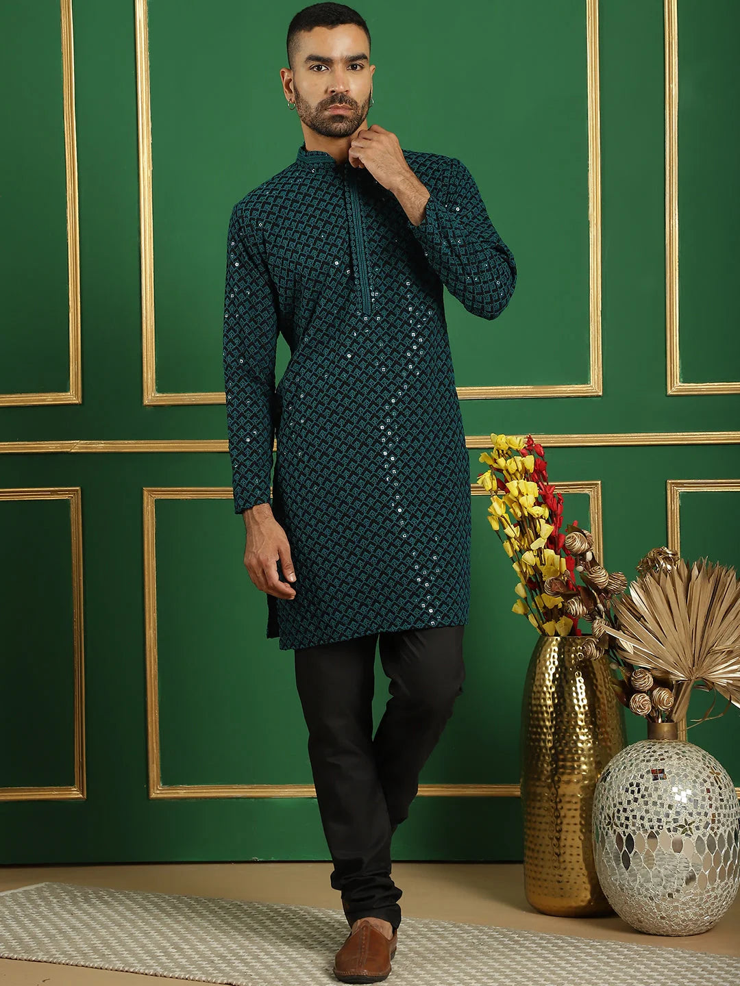 Blue Embroidered Mens Kurta Pajama Set - Cotton Kurta Pajama