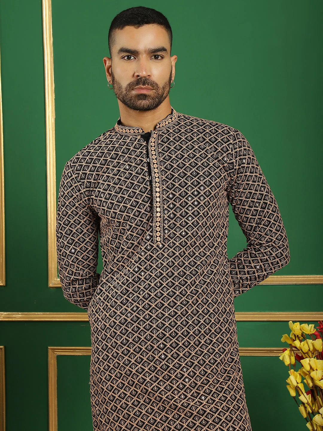 Brown Cotton Mens Kurta Pajama Set - Embroidered Kurta Pajama