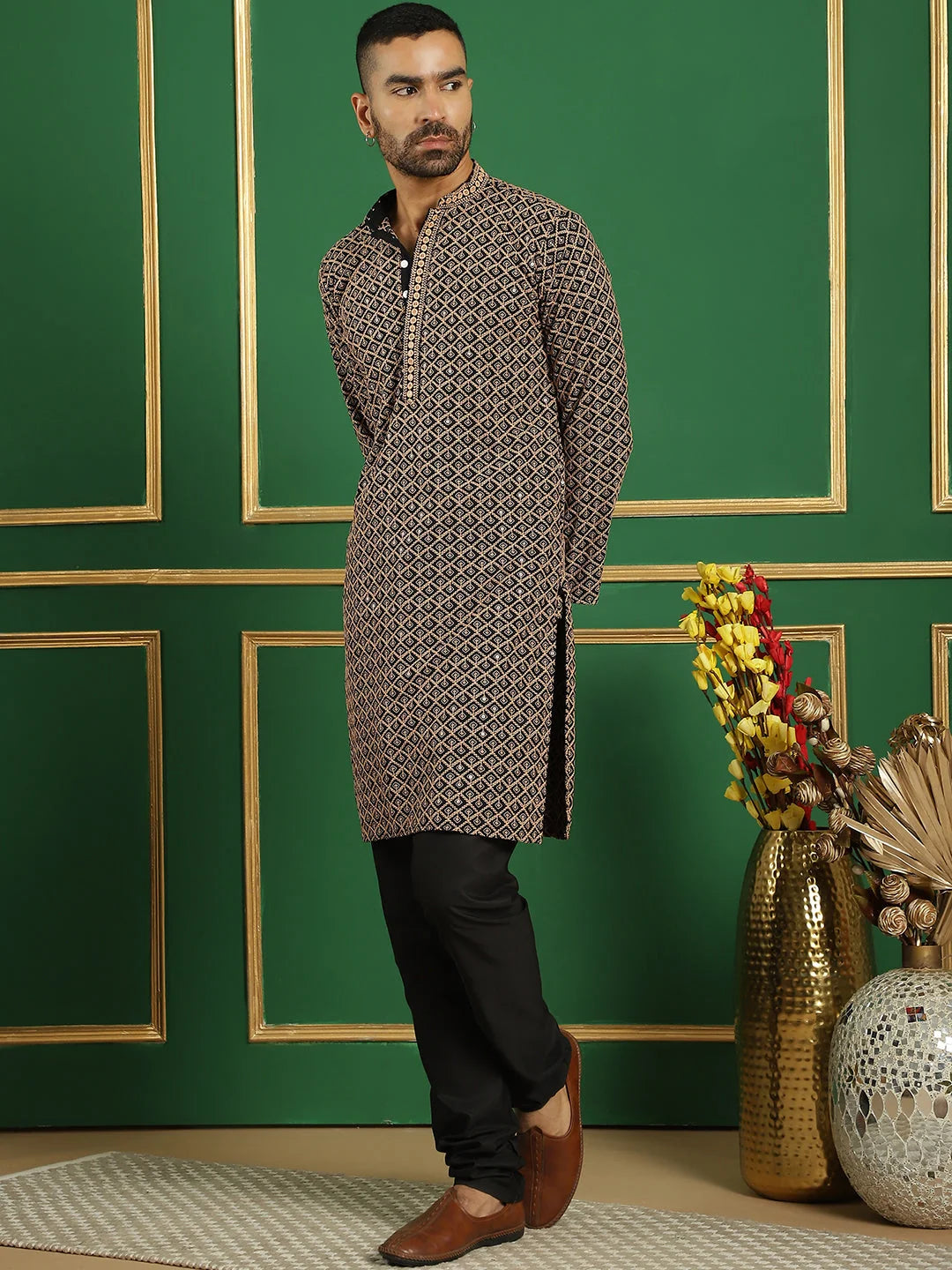Brown Cotton Mens Kurta Pajama Set - Embroidered Kurta Pajama