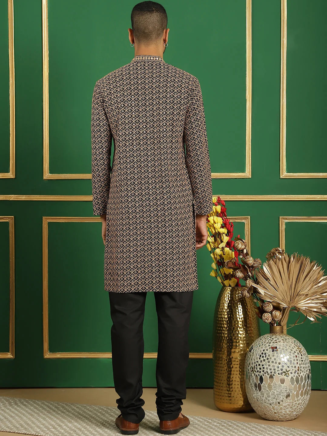 Brown Cotton Mens Kurta Pajama Set - Embroidered Kurta Pajama