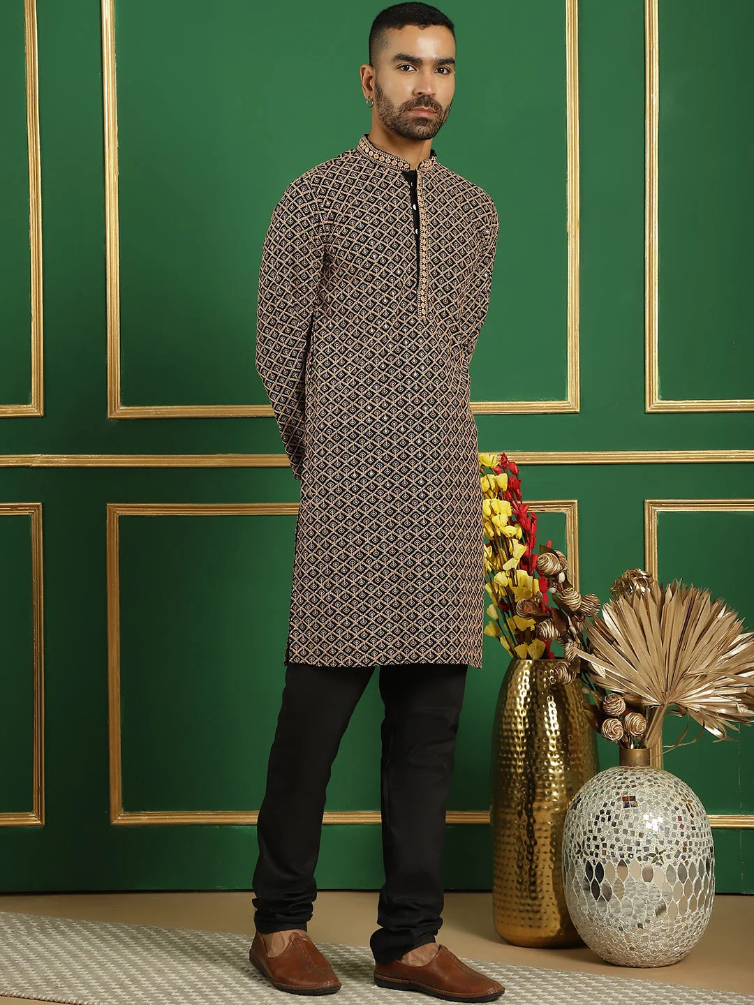 Brown Cotton Mens Kurta Pajama Set - Embroidered Kurta Pajama