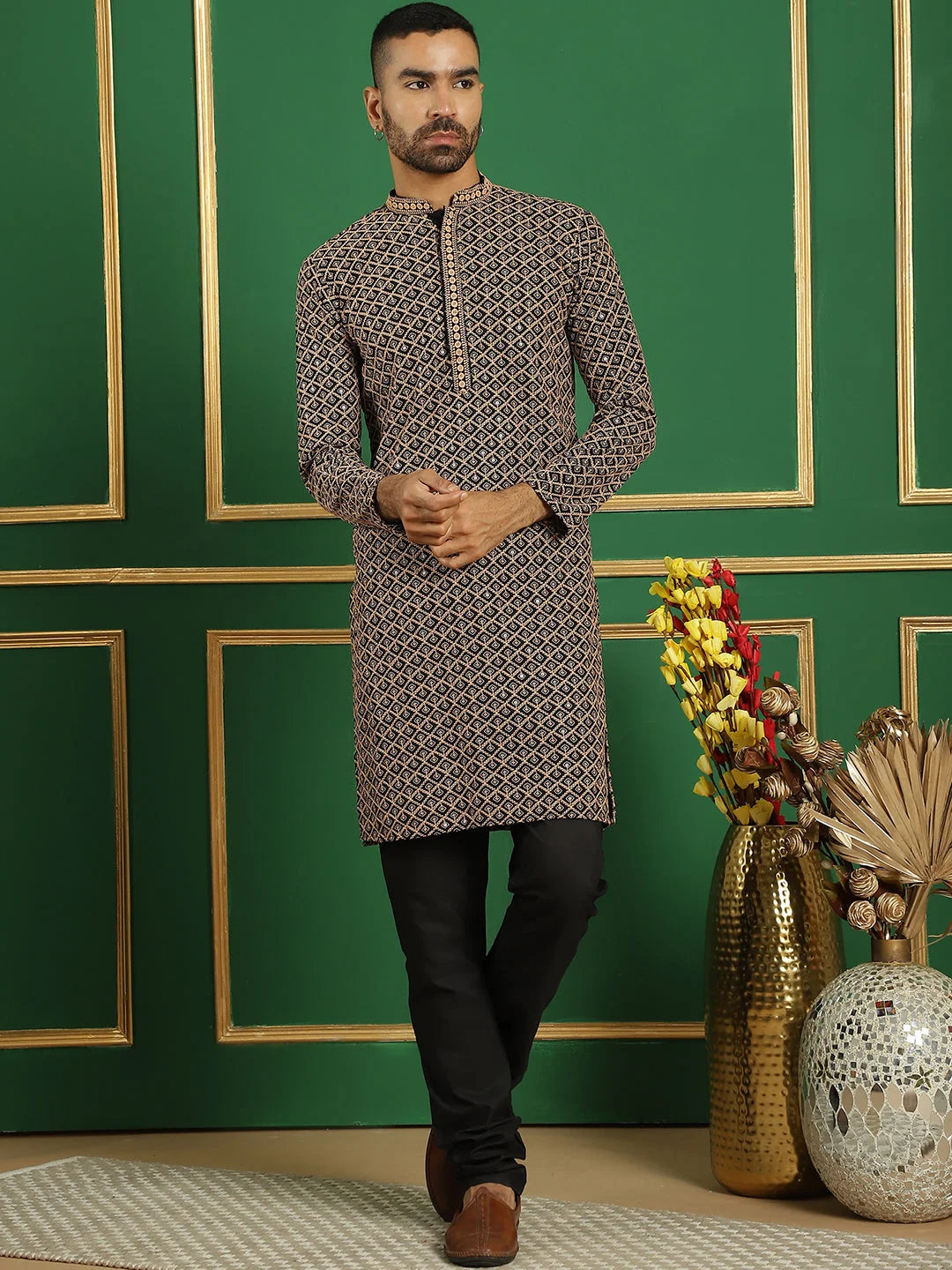 Brown Cotton Mens Kurta Pajama Set - Embroidered Kurta Pajama