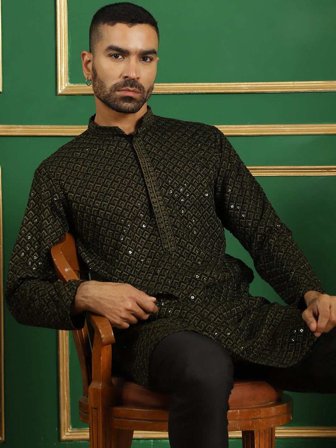 Sequin Embroidered Pure Cotton Kurta with Quality Pyjamas-JOKP-B-P