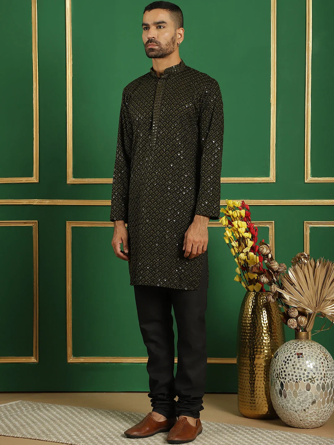 Mehndi Cotton Mens Kurta Pajama Set - Embroidered Design