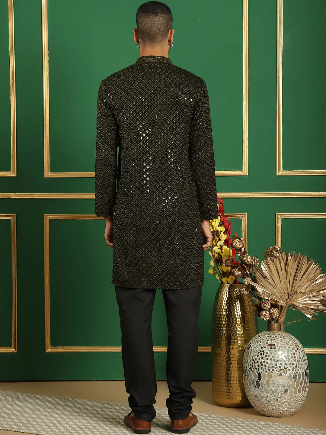 Mehndi Cotton Mens Kurta Pajama Set - Embroidered Design