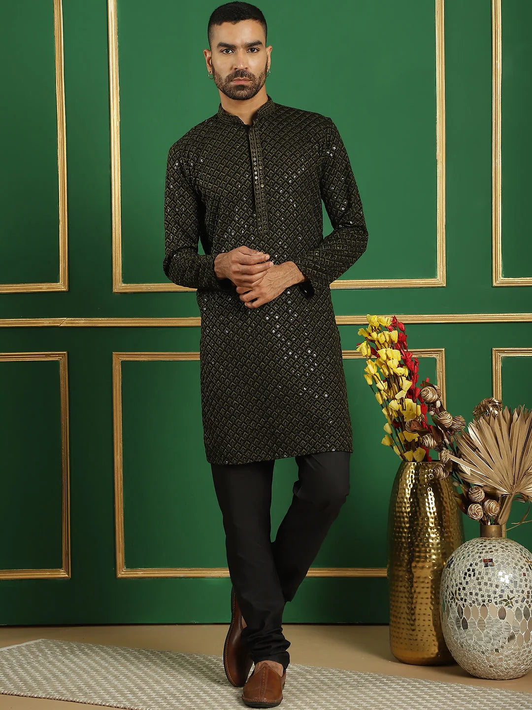 Mehndi Cotton Mens Kurta Pajama Set - Embroidered Design