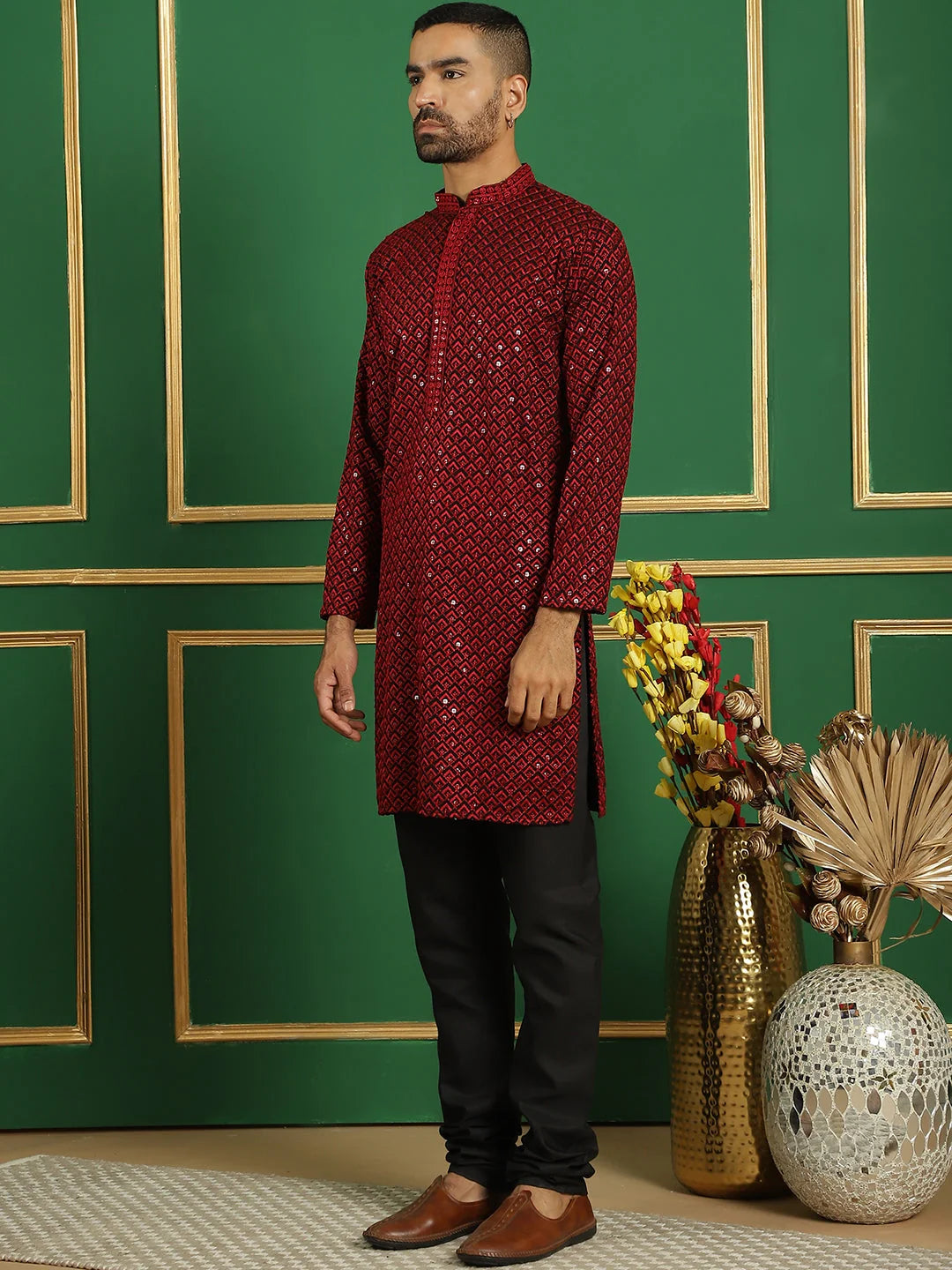 Red Embroidered Cotton Mens Kurta Pajama Set - Pure Cotton