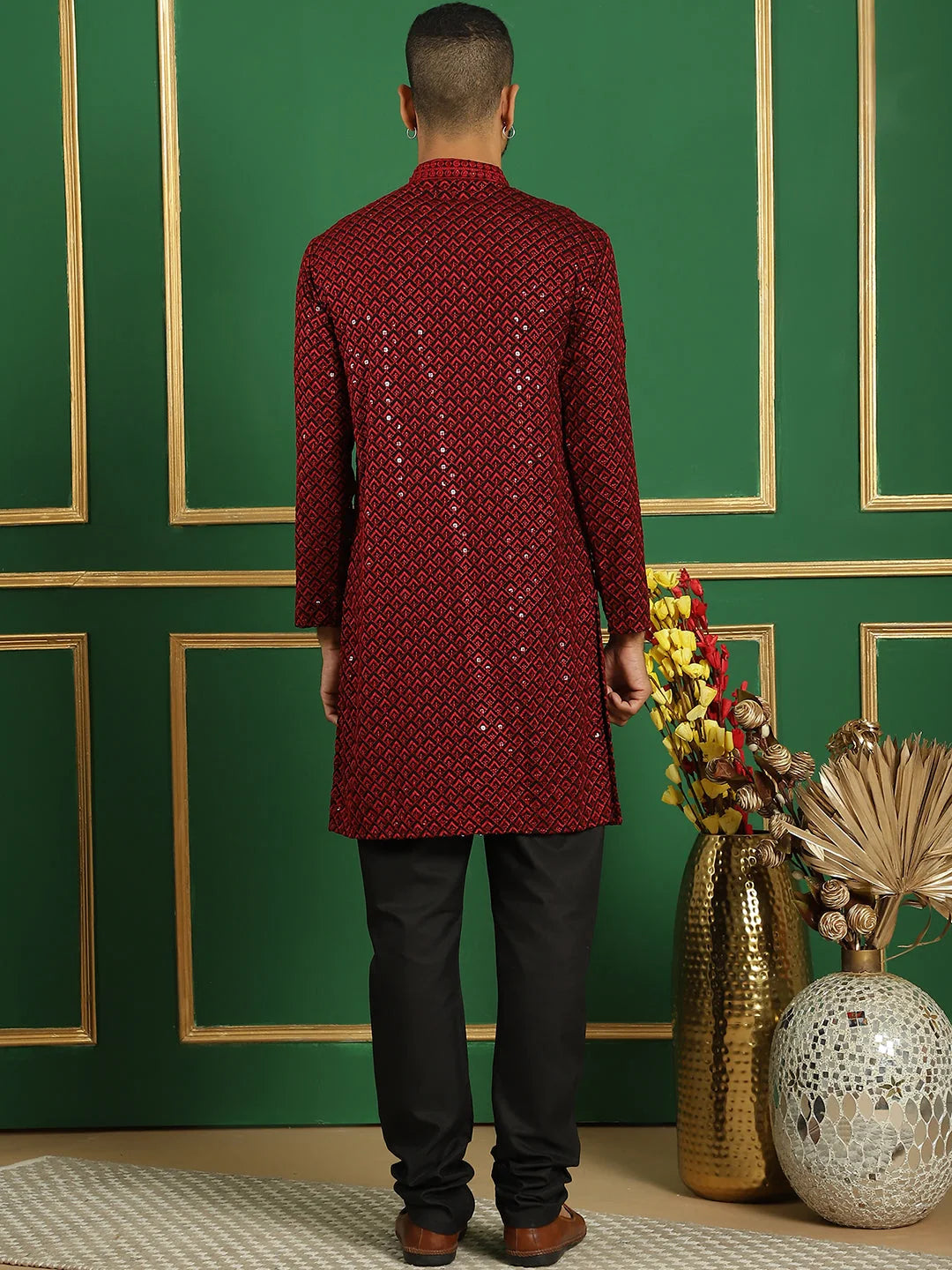 Red Embroidered Cotton Mens Kurta Pajama Set - Pure Cotton